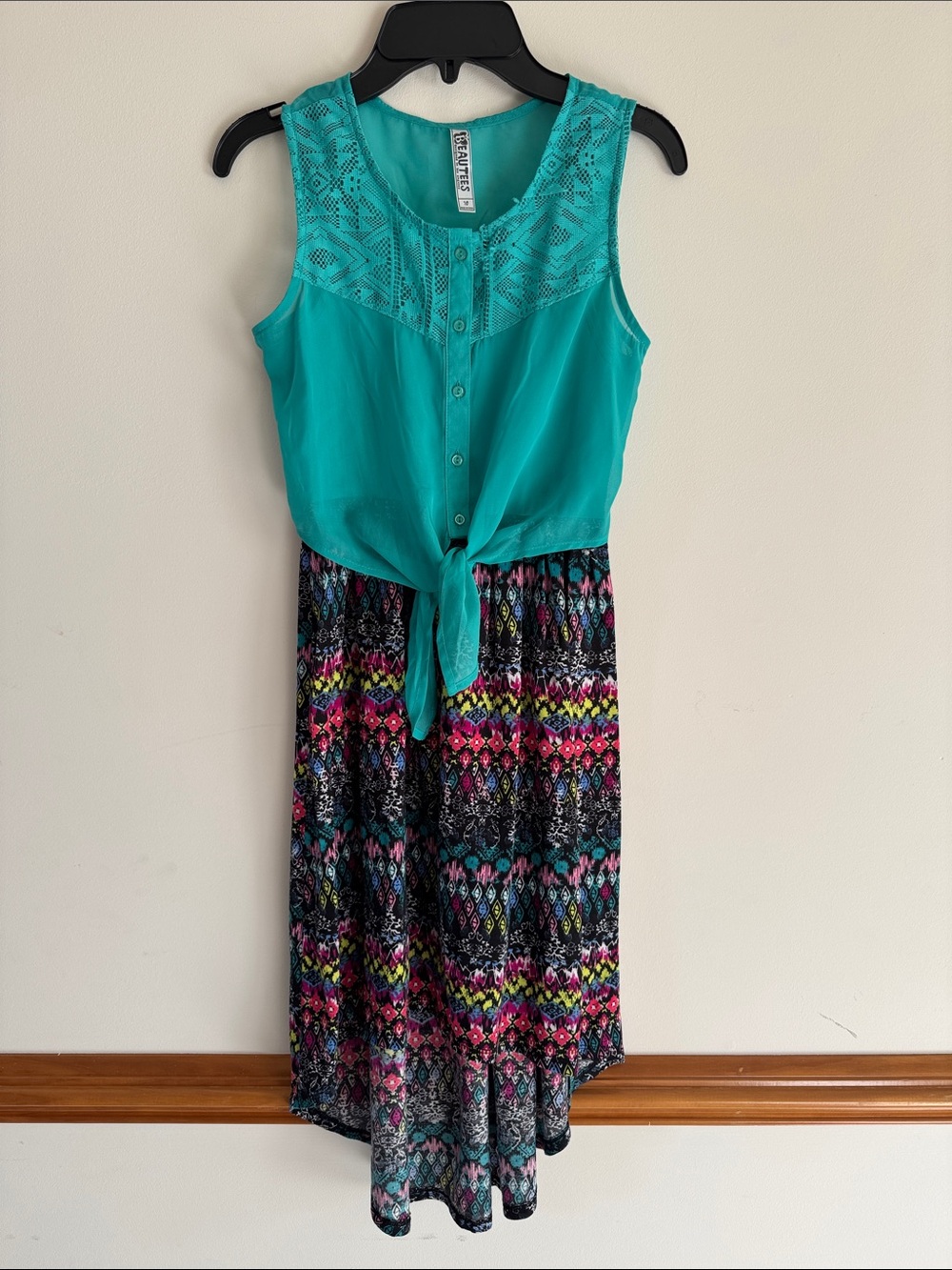 Beautees Teal High-Low Tie-Front Dress with Multicolor Pattern Girls Size 10